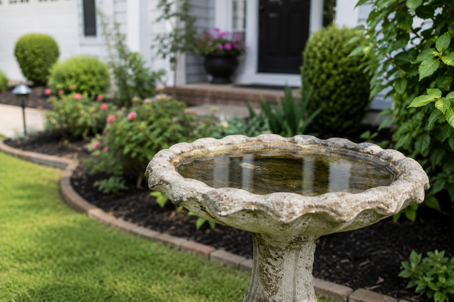 Weathered stone birdbath filled with standing water in a landscaped front yard surrounded by grass, flowers, and shrubs.