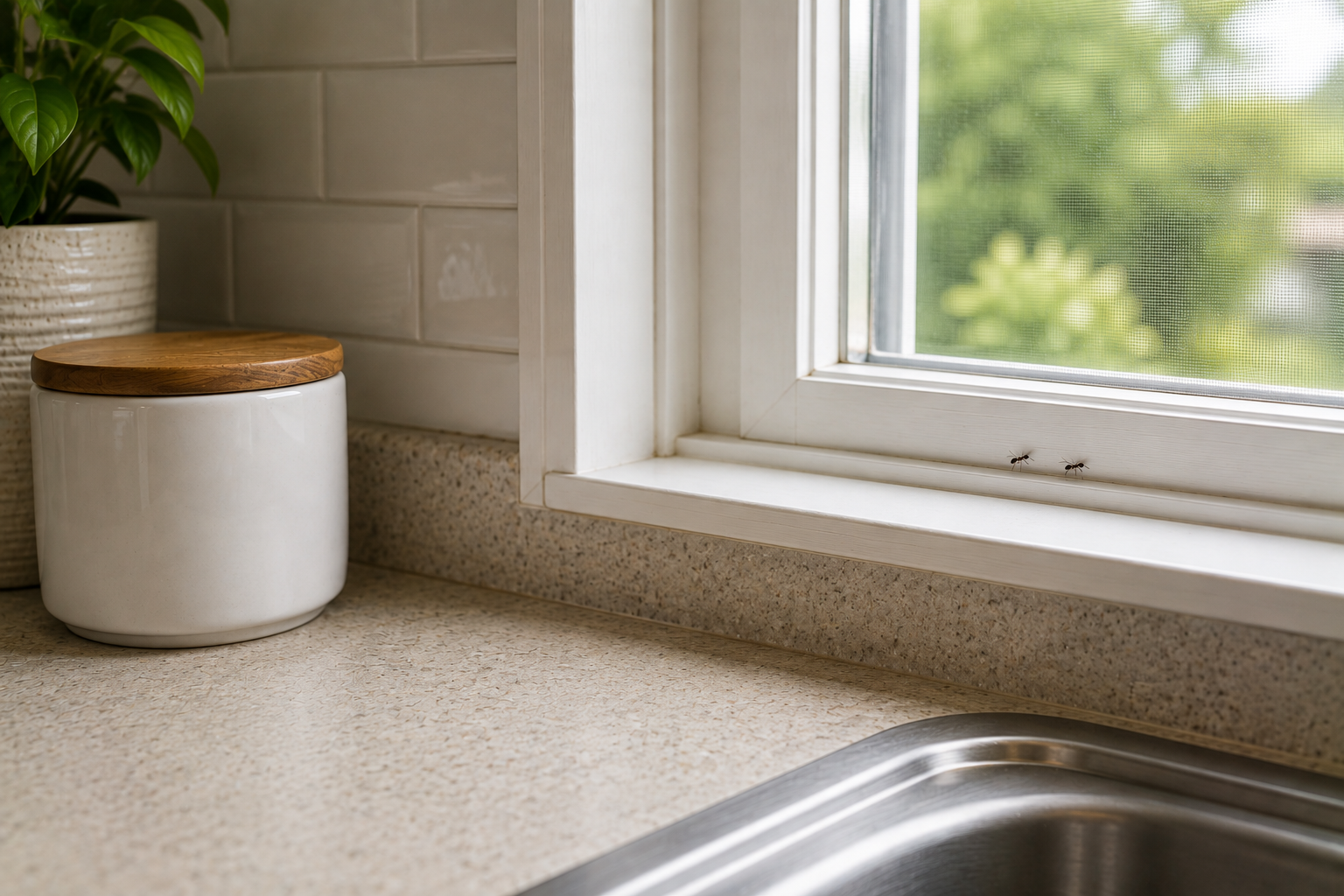 Two small ants crawling along a kitchen windowsill above the sink, near a countertop and food storage container.