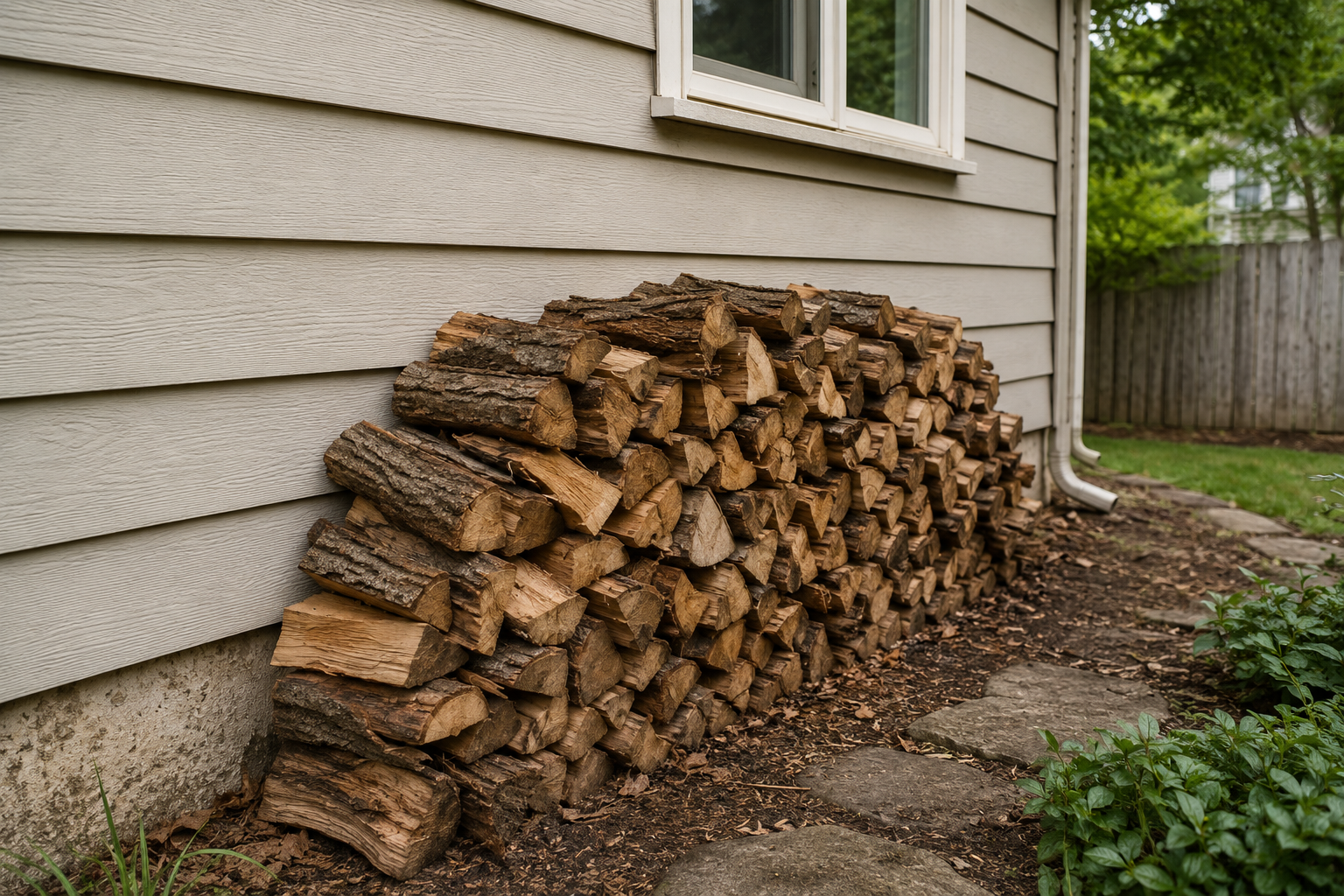 Stack of firewood stored directly against the exterior wall and foundation of a home, creating conditions that may attract termites.