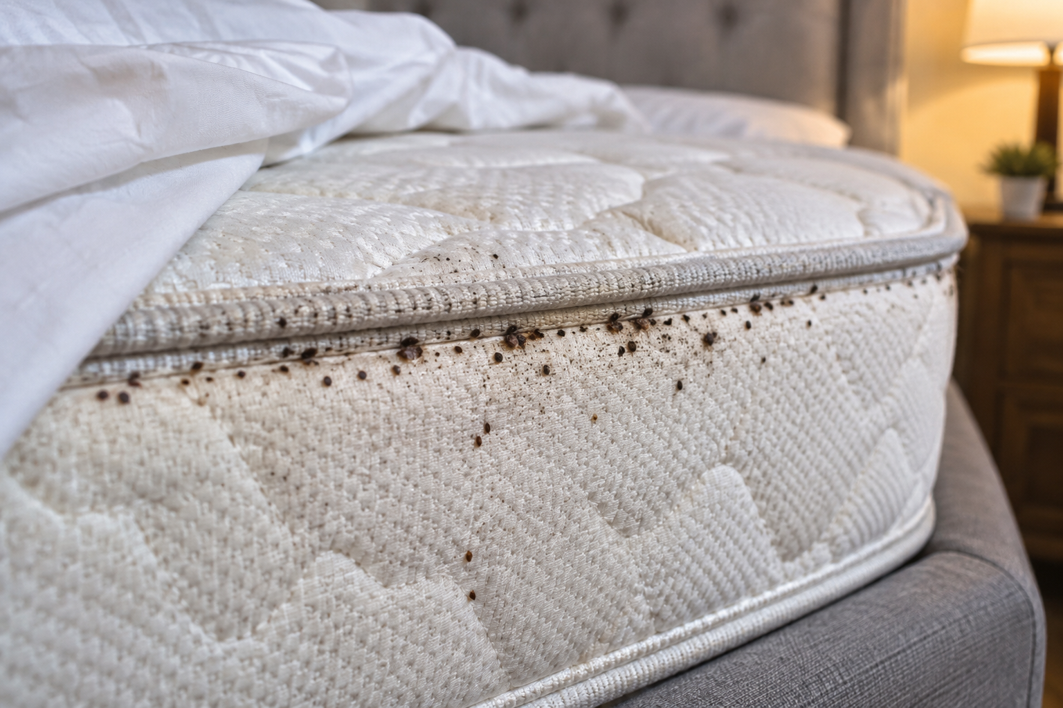 Close-up of a mattress seam with small dark spots and stains that may indicate bed bug activity.