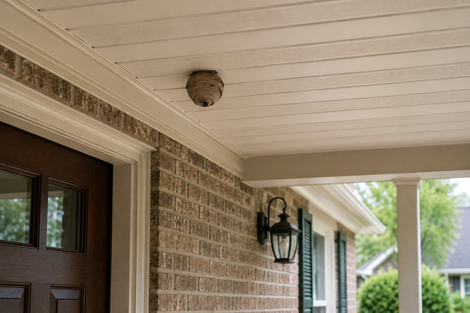 Small wasp nest attached beneath the covered front porch of a brick home near the front door.