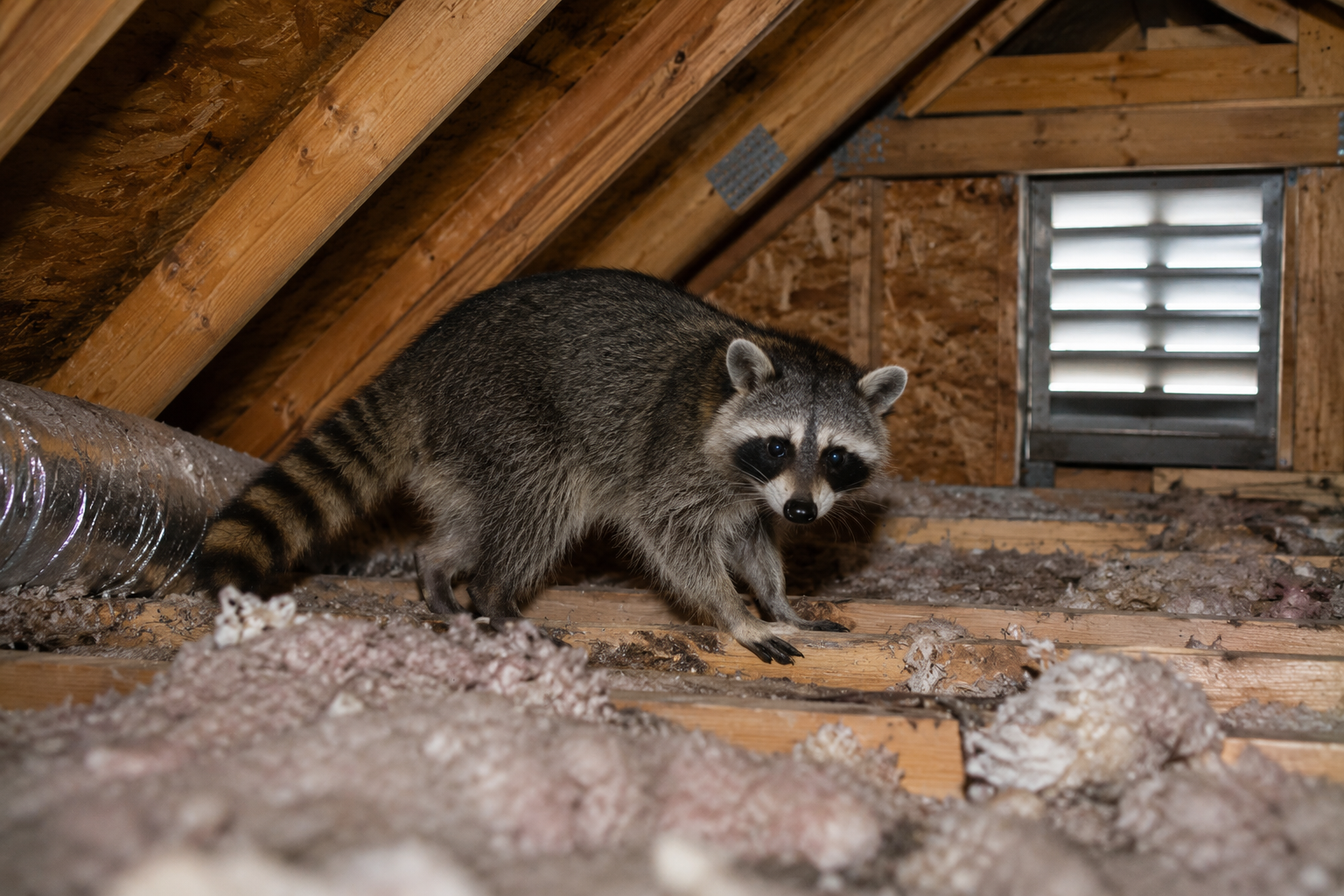 Raccoon standing among exposed wooden beams and disturbed insulation inside a residential attic near a roof vent.
