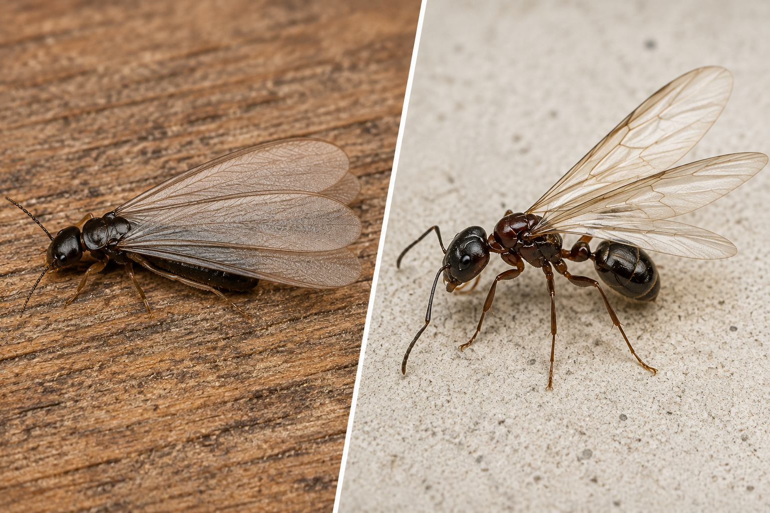 Split image comparing a dark-bodied termite swarmer with straight antennae and equal-length wings to a flying ant with a pinched waist and bent antennae.