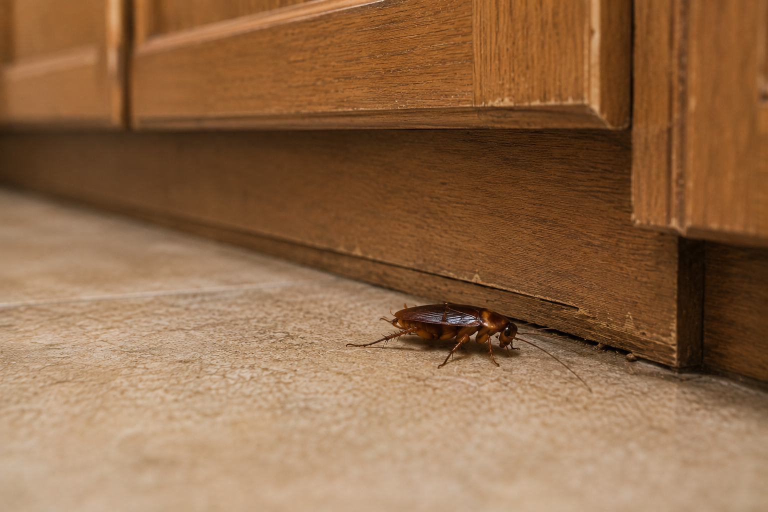 Brown cockroach crawling beside a small worn gap beneath a wooden kitchen cabinet near the tile floor.